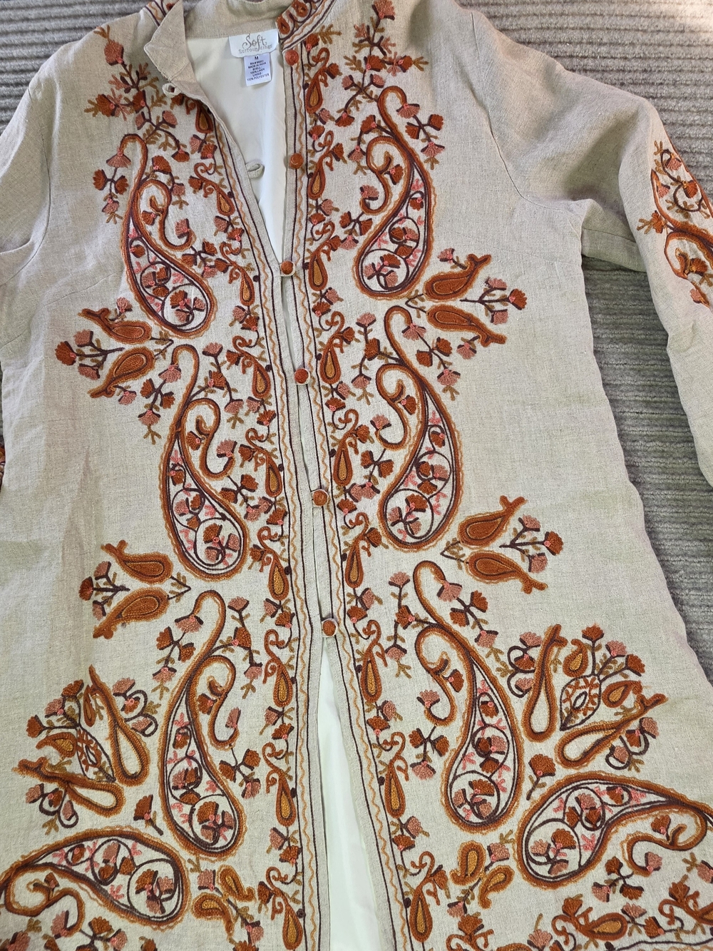 Soft Surroundings Linen Tunic Top Embroidered Mandarin Collar Size M